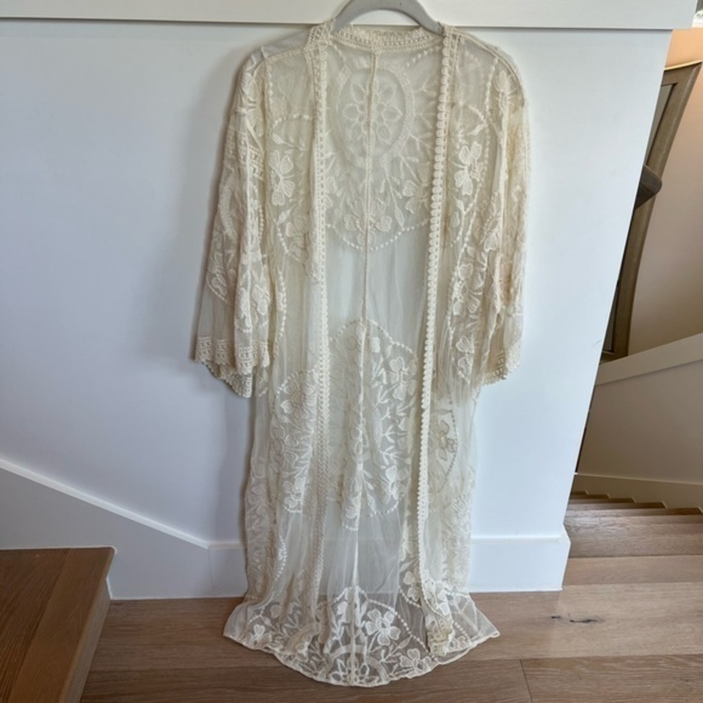 Cream Lace Floral Kimono Bohemian Midi Long Open Jacket